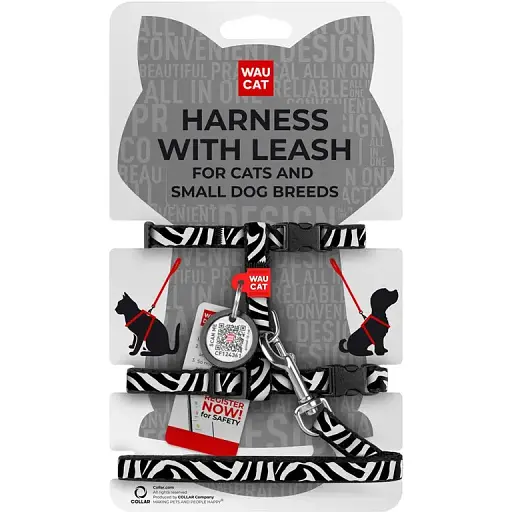 Шлея з повідцем для котів та дрібних порід собак Waucat Nylon з QR адресником малюнок Зебра пластиковий фастекс XS - фото 1