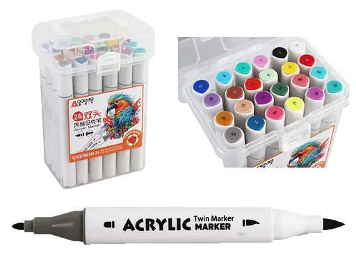 Набір акрилових скетчмаркерів двосторонніх Aodemei, трикутний корпус, м’який+твердий, 24 шт., пластиковий бокс