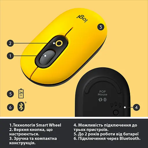 Миша комп'ютерна Logitech Pop Mouse Bluetooth Blast Yellow (910-006424, 910-006546) - фото 6