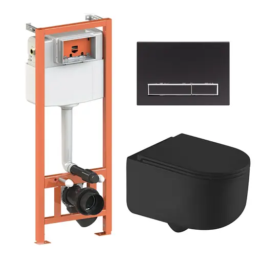 Подвесной унитаз Qtap Taurus Ultra Quiet + инсталляция Qtap Nest 4 в 1 (линейная клавиша Black mate), Черный матовый - фото 1