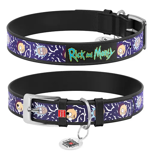 Ошейник для собак кожаный Waudog Design с QR-паспортом "Рик и Морти 2" L Ш 25 мм Д 38-49 см черный