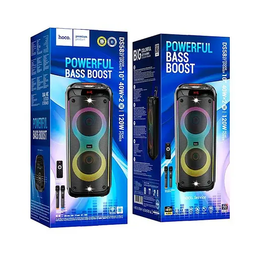 Акустика-караоке Hoco Heritage dual 10-inch RGB light BT speaker DS58 BT5.0, TWS, TF/USB/AUX, 40Wx2 (120W Max), 3H, 2mic - фото 2