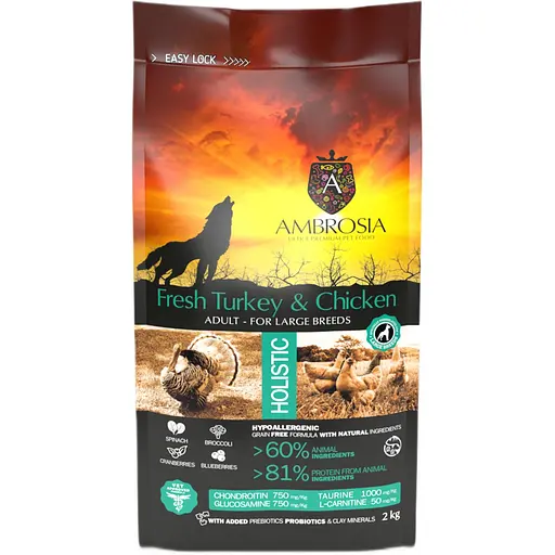 Уценка. Сухой корм Ambrosia Grain Free Dog Adult For Large Breeds Fresh Turkey & Chicken для взрослых собак крупных пород со свежей индейкой и курицей 12 кг - фото 1