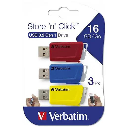 USB флеш накопитель Verbatim 3x16 ГБ Store 'n' Click Red/Blue/Yellow USB 3.2 (49306) - фото 12