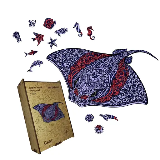 Деревянный фигурный пазл Колоритный Скат, А5, Картонная коробка 35 элементов