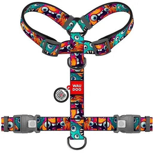 Шлей для собак Waudog анатомический H-образный Nylon с QR-паспортом Зубастые монстры XL Ш 35 мм - фото 2