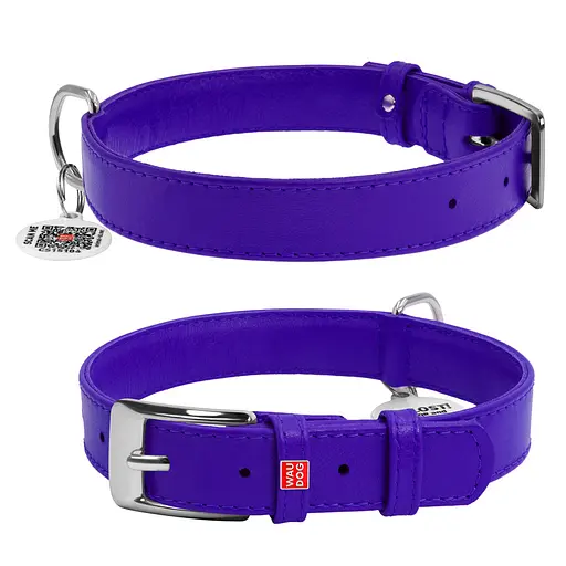 Ошейник для собак кожаный Waudog Glamour с QR-паспортом без украшений L Ш 25 мм Д 38-49 см фиолетовый