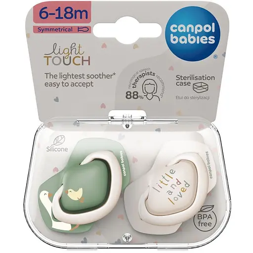 Пустышка Canpol babies Light touch Гуси силиконовая симметричная 6-18 мес. 2 шт. зеленая с белым (22/668)