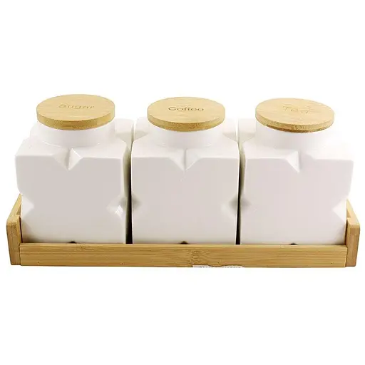 Набір банок для сипучих продуктів порцеляна Interos 3 шт. 600 мл на бамбуковій підставці (PJ01784)