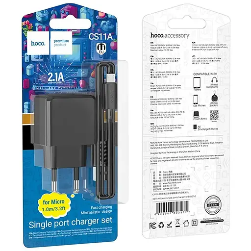 Комплект зарядного устройства Hoco CS11A 1USB 10.5W 5V/2.1A USB/MicroUSB 1m Black - фото 2