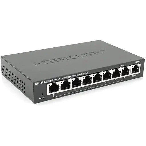 Коммутатор POE 48V Mercury S109PS 8 портов POE + 1 порт Ethernet (Uplink) 10/100 Мбит/сек, БП в комплекте, BOX Q200 (258*196*66) 0,72 кг (158*99*25)