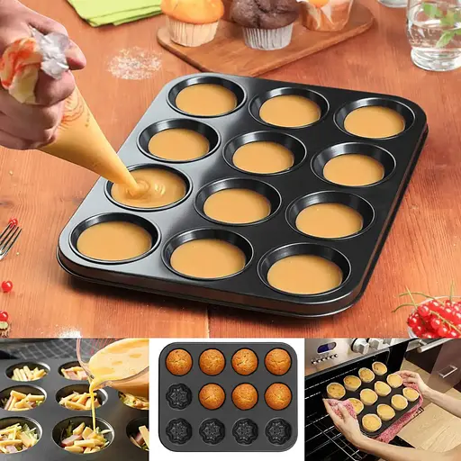 Форма для выпечки кексов и маффинов на 12 ячеек с антипригарным покрытием 35х26х2.3 см №3 Черный 87973 - фото 2