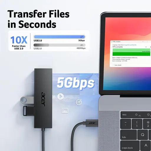 Acer USB C Hub 4 порти, кілька USB 3.0 Hub, USBC Splitter для ноутбука з портом живлення TypeC, подовжувач для ноутбука, ПК - фото 6