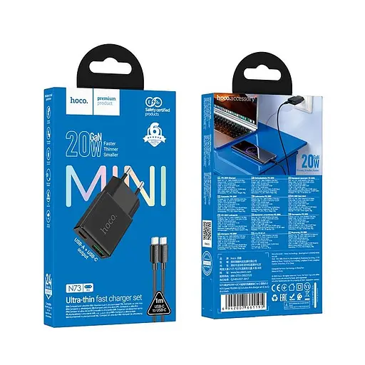 Адаптер сетевой HOCO C to C cable Speed ​​PD Ultra-thin charger set N73 |1Type-C/1USB, 20W/3A, PD/QC| - фото 2