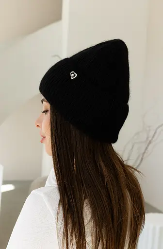 Теплая женская шапка Ангора Сердечко с флисовой подкладкой Черный - фото 2