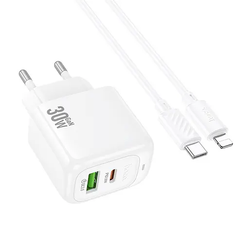 МЗП Hoco CS55A Surplus PD30W+QC3.0 (1USB-A/1C) + кабель Type-C to Lightning White - фото 4