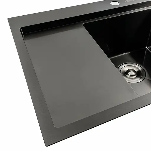 Кухонна мийка чорна PVD 58x48 R Platinum Handmade (два отвори, круглий сифон 3,0/0,8), Чорний - фото 6