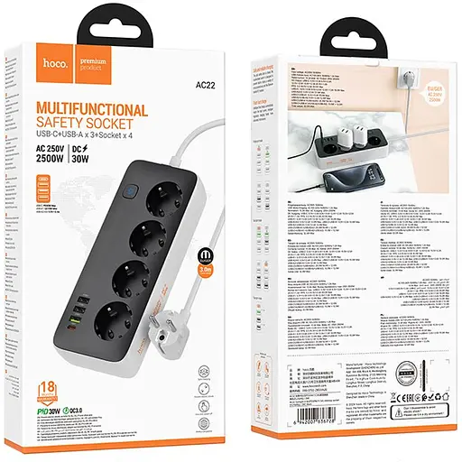 Подовжувач Hoco AC22 Sunlight (PD30W/1C/3A/4xSocket) (3m) Black - фото 4