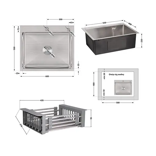 Кухонная мойка Lidz Handmade H6050 интегрированная Brushed в комплекте с дозатором и корзиной, Нержавеющая сталь - фото 2