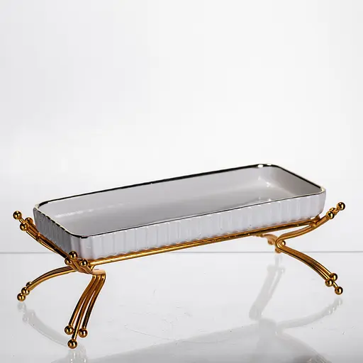 Фарфоровое сервировочное блюдо на металлической подставке 37×18×5 (см) блюдо для подачи закусок Белый с золотом Yiwu LB-1566G - фото 3