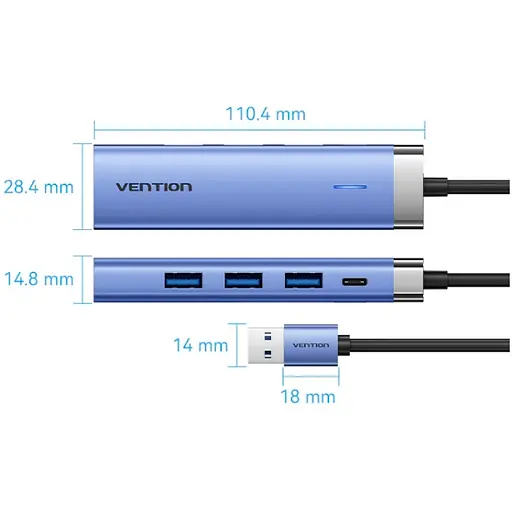 Хаб USB 3.0 -->3xUSB 3.0/RJ45/USB-C Hub Blue Aluminum Alloy 5-in-1 Vention - фото 4