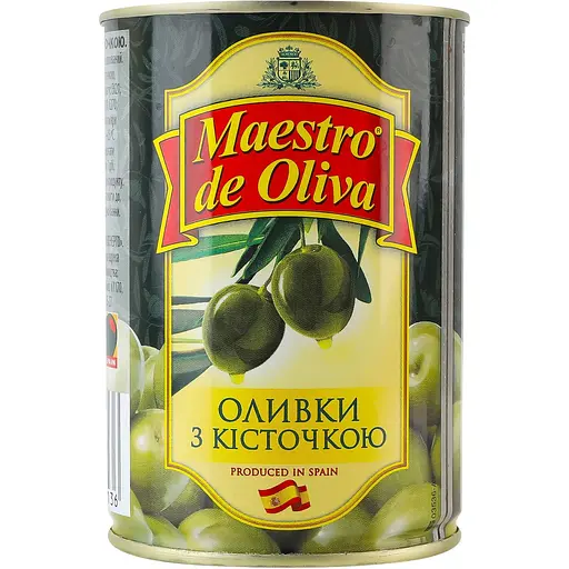 Оливки Maestro de Oliva з кісточкою 280 г жерстяна банка ключ - фото 2