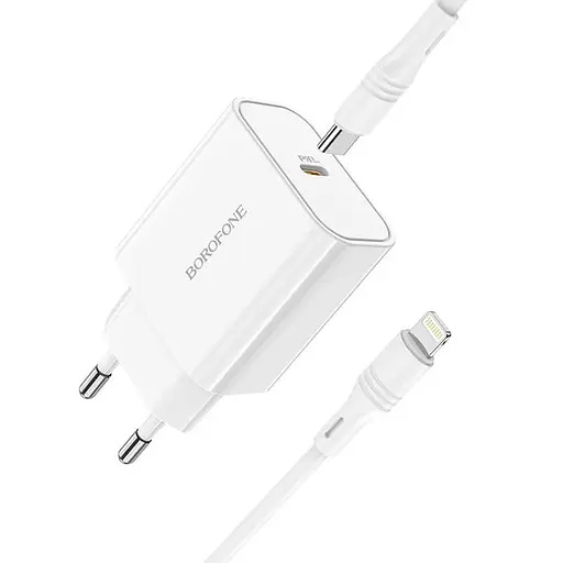 Зарядный - Адаптер сетевой BOROFONE Type-C to Lightning cable Easy Speed ​​single port charger BA57A набор белый - фото 1