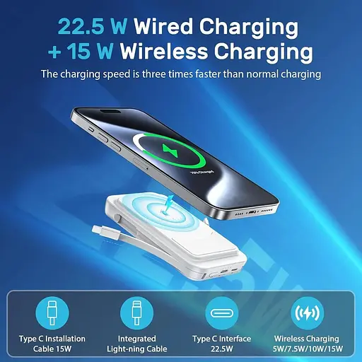 Магнітний зовнішній акумулятор 20000 мАг 4-в-1 з кабелем USB-C/iOS - фото 4