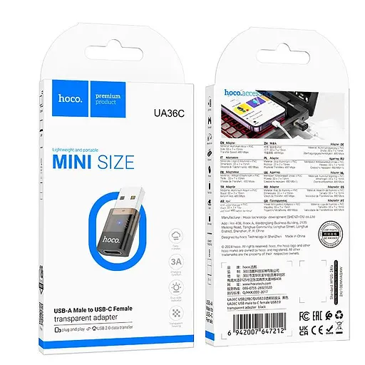 Переходник Hoco USB male to c female USB2.0 transparent adapter UA36C 480Mbps 3A - фото 2