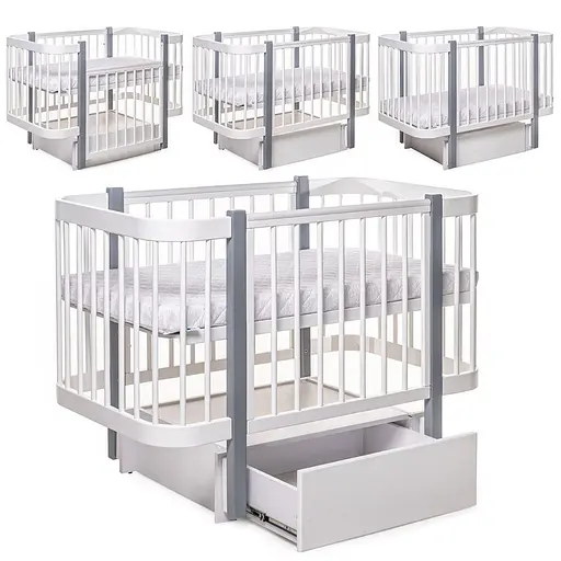 Детская кроватка Бук Рассвет с ящиком, маятниковый механизм бело-серый - фото 2