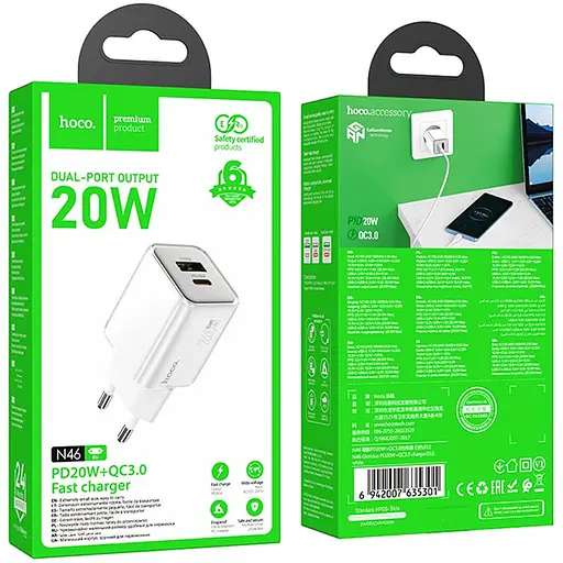 МЗП Hoco N46 Glorious PD20W+QC3.0 (1USB-A/1C) White - фото 4