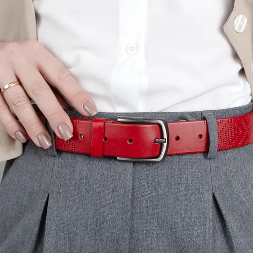 Ремінь жіночий червноий шкіряний JK-3556 (120 см) з вишиванкою - фото 7