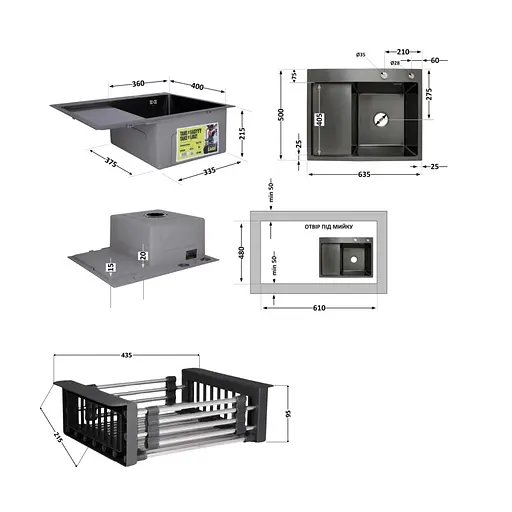 Кухонна мийка Lidz Handmade H6350BR інтегрована крило зправа BlackPVD у комплекті з дозатором та корзиною, Чорний - фото 2