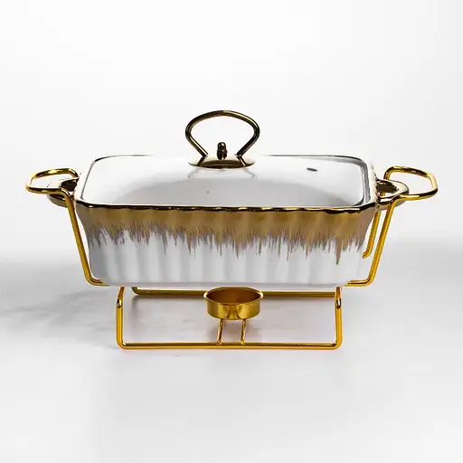 Мармитница фарфоровая Yiwu 1 л прямоугольная со стеклянной крышкой 31х16х11 см мармит на подставке для первых блюд ML525-11 - фото 1