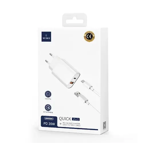 Мережевий зарядний пристрій Wiwu Wi-U002 PD QC charger set with EU plug Type C to Lightning Білий - фото 2