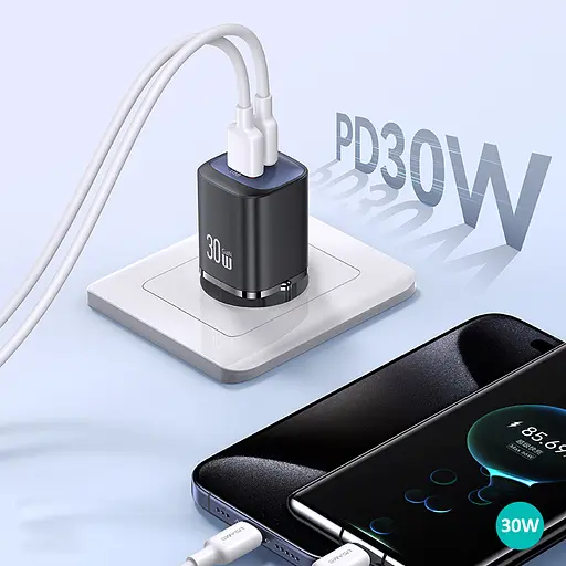 МЗП Usams US-CC254 GaN HC Ser. 30W (1USB-A/1C) Black - фото 2