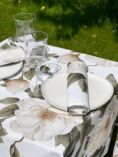 Водоотталкивающая Скатерть с 3D принтом Чайный цветок 220х140 см (+ 4 салфетки 30х40) Бежевый - фото 5