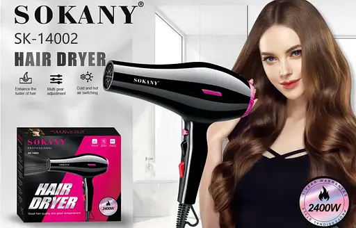 Фен для сушіння волосся Sokany SK-14002 концентратор дифузор 2 швидкості 2 режими роботи Чорний 2400 Вт - фото 7