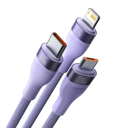 Кабель Baseus Flash Series Ⅱ One-for-three Fast Charging Data Cable USB to M+L+C 100W 1.2m Purple - фото 3