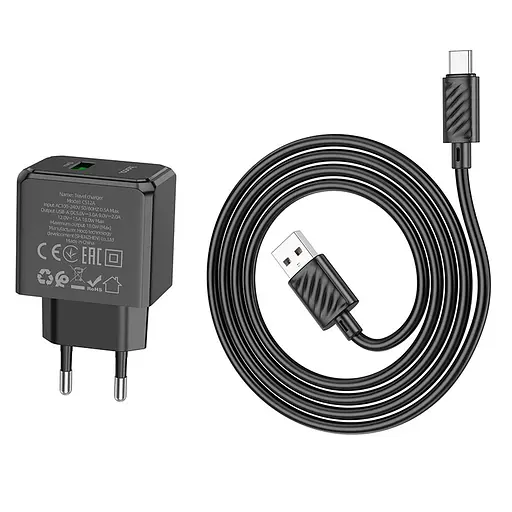 Сетевое зарядное устройство Hoco CS12A Ocean single port QC3.0 charger set (Type-C) (EU) Черный - фото 3