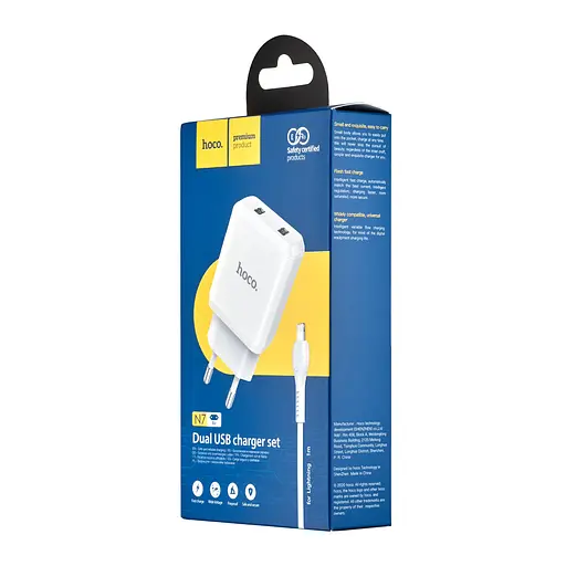 Мережевий зарядний пристрій Hoco N7 Speedy dual port charger set Lightning ( EU ) Білий - фото 2
