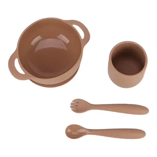 Набор силиконовой посуды OldBro Grey силиконовая тарелка на присоске, кружка и приборы, 4 предмета - фото 1