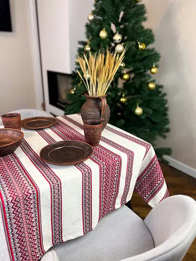 Лляна скатертина різдвяна з українським орнаментом "Рандеву червоний" - 260х150 см - фото 10