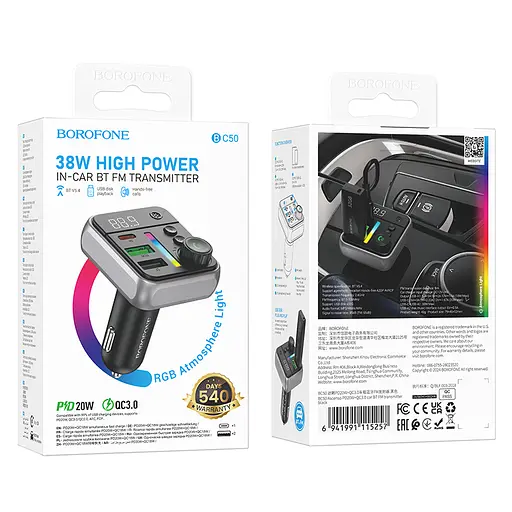 АЗП з FM-модулятором BOROFONE BC50 Ascenso PD20W+QC3.0 car BT FM transmitter Black - фото 2