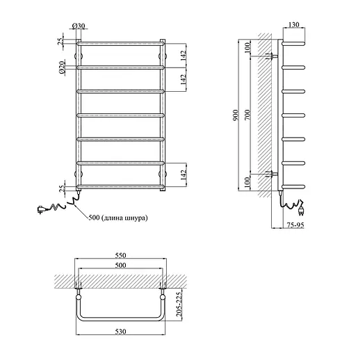 Полотенцесушитель электрический Kroner Скоба ДC12EL 900x500/7 EL CV026145, Хром, Левое - фото 2