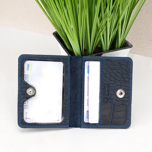 Обложка на ID паспорт, права кожаная на кнопке Handycover 0037 синяя под рептилию - фото 2