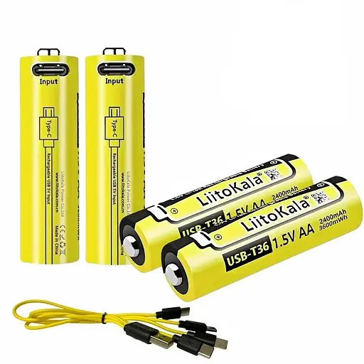 Аккумулятор 14500 LiitoKala Li-ion R6 2400mAh USB-T36 1.5V (4шт. АКБ + кабель)