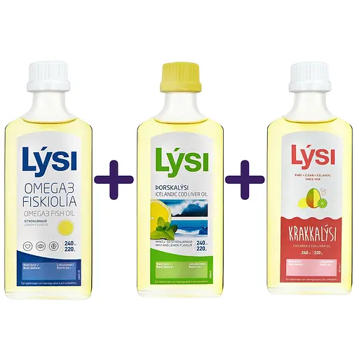 Набір Омега-3 Lysi; жирні кислоти EPA/DHA зі смаком лимона  + риб'ячий жир з печінки тріски з вітамінами A, D, E зі смаком лимона та м'яти  +  Kids з печінки тріски та тунця з вітамінами A, D, E + DHA-формула зі смаком лимона та манго 720 ми (3 шт. 240 мл)