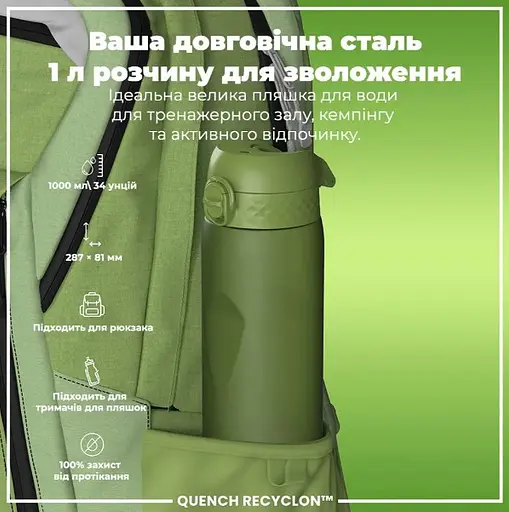 Пляшка для води ION8 1000 мл (ЕКО пляшка) BPA Free, Khaki Green (I8RF1000KGRE) - фото 5