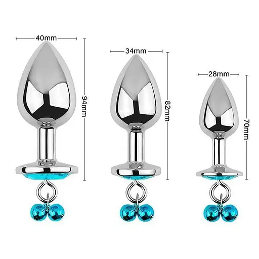 Набір анальних пробок металевих конусних 40x90 мм / 34x80 мм / 27x72 мм (S/М/L) бірюзовий - фото 3